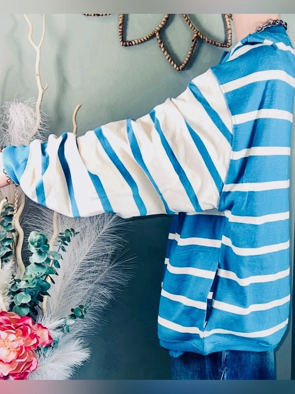 Free People We the Free Classic Striped Cardigan in Teal Combo Size Small